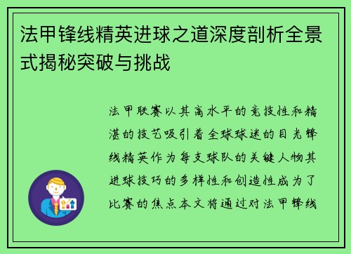 法甲锋线精英进球之道深度剖析全景式揭秘突破与挑战