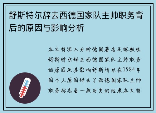 舒斯特尔辞去西德国家队主帅职务背后的原因与影响分析 舒斯特尔辞去西德国家队主帅职务背后的原因与影响分析