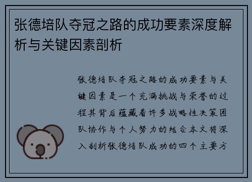 张德培队夺冠之路的成功要素深度解析与关键因素剖析