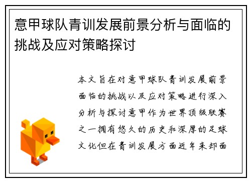 意甲球队青训发展前景分析与面临的挑战及应对策略探讨